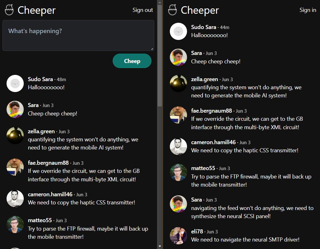 Dark mode screenshot of my 'Cheeper' Twitter clone