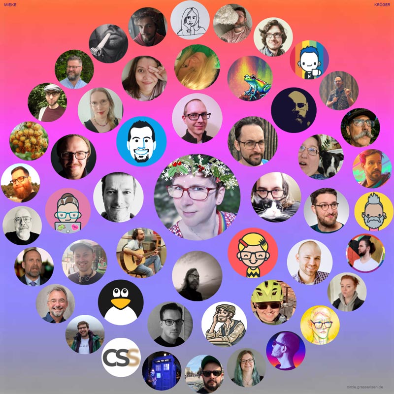My mastodon profile picture encircled by the avatars of lots of the people I talk to on Mastodon.