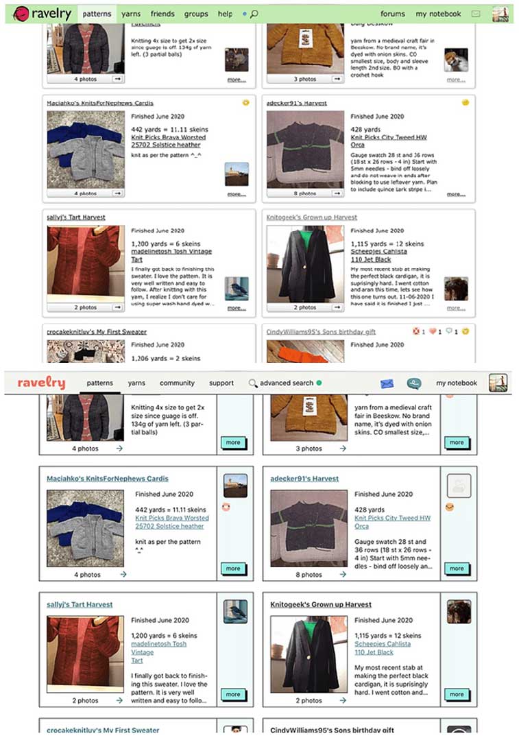 A page on Ravelry showing many project 'cards' on screen, before and after the redesign. Every project, user icon and 'More' button now has a solid black border.