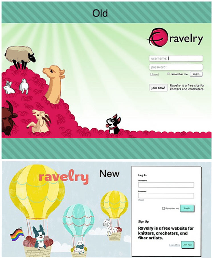 Ravelry login screen, before and after redesign. The new login panel has a solid black border.
