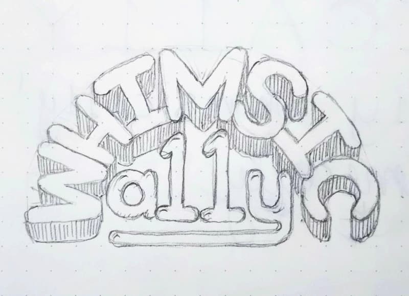 Pencil drawing: In bubbly cartoonish style letters, 'whimsic' is written in uppercase in a curved rainbow shape. They have blocky edges, so they look three-dimensional. Underneath is the numeronym 'a11y', whose ending 'y' has its tail extended under the a11, forming an underline.