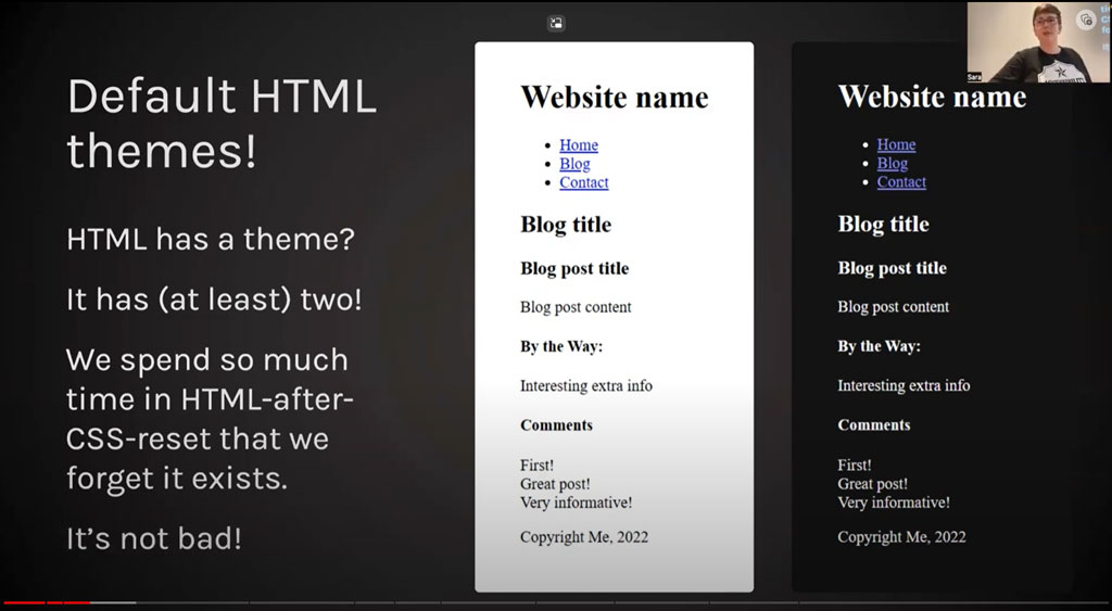 Title card still frame from a talk on YouTube: Easy Dark Mode with color-scheme. It's just black and white. But should it be? 🤔